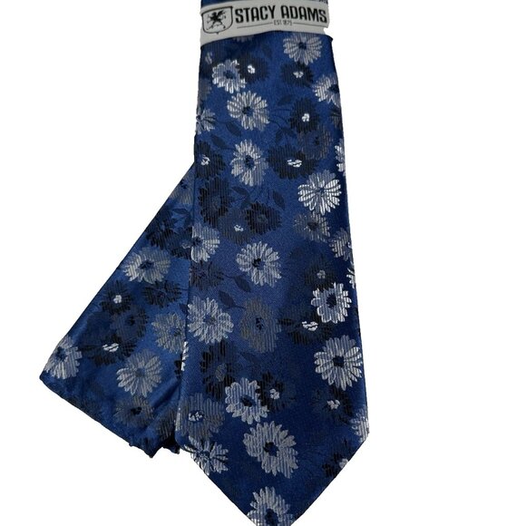 Stacy Adams Men Tie Hanky Navy Blue Silver Royal Blue Floral Pattern 3.25" Wide - Picture 5 of 5